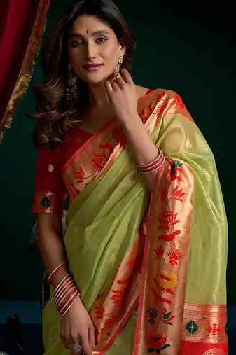 Light green soft tissue silk blend paithani style saree with blouse piece