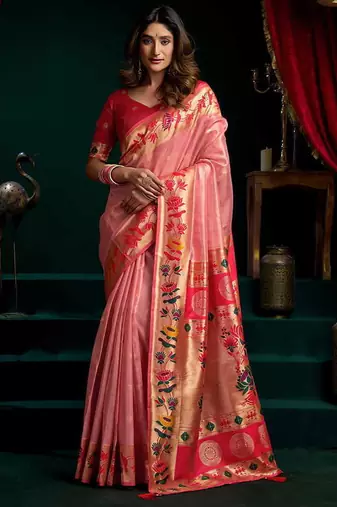 Pink soft tissue silk blend paithani style saree with blouse piece