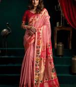 Pink soft tissue silk blend paithani style saree with blouse piece