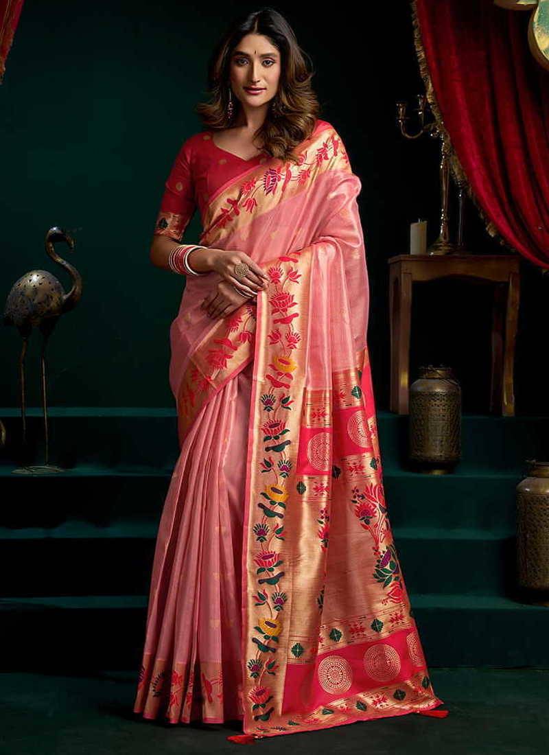 Pink soft tissue silk blend paithani style saree with blouse piece