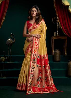 Yellow soft tissue silk blend paithani style saree with blouse piece 1