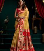 Yellow soft tissue silk blend paithani style saree with blouse piece