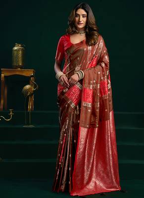 Dark brown soft banarasi silk blend zari weaving saree with blouse piece 1