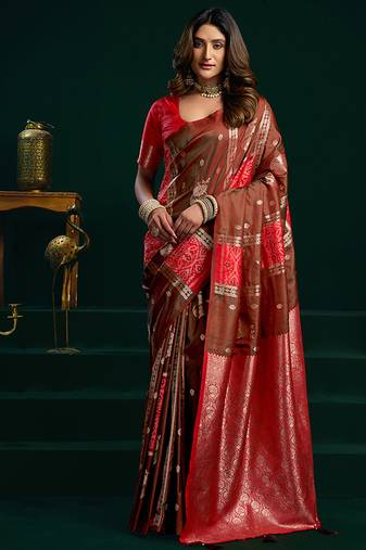 Dark brown soft banarasi silk blend zari weaving saree with blouse piece
