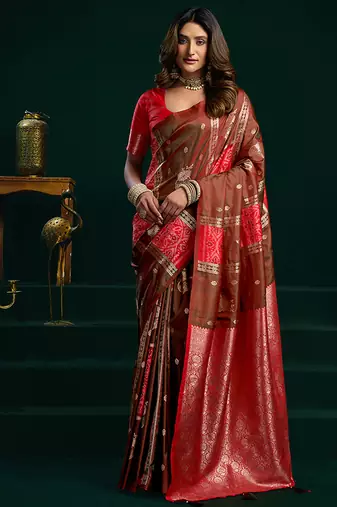 Dark brown soft banarasi silk blend zari weaving saree with blouse piece