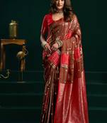 Dark brown soft banarasi silk blend zari weaving saree with blouse piece