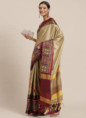 Women beige & maroon embellished kutchi embroidered silk cotton saree 1