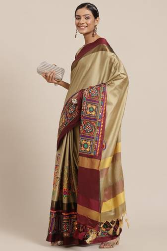 beige silk cotton saree with kutchi embroidered work