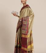 Women beige & maroon embellished kutchi embroidered silk cotton saree