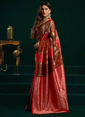 Dark brown soft banarasi silk blend zari weaving saree with blouse piece 2