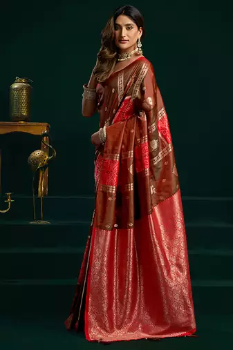 Dark brown soft banarasi silk blend zari weaving saree with blouse piece