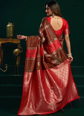 Dark brown soft banarasi silk blend zari weaving saree with blouse piece 3