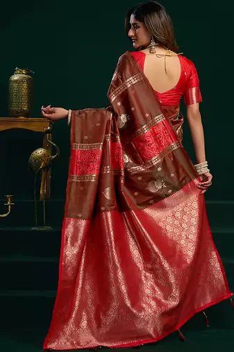 Dark brown soft banarasi silk blend zari weaving saree with blouse piece