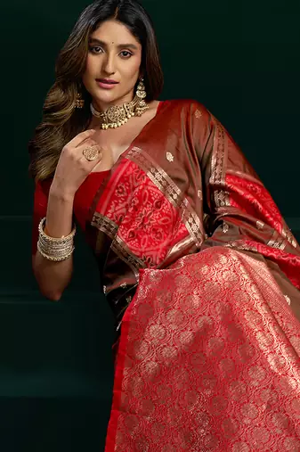 Dark brown soft banarasi silk blend zari weaving saree with blouse piece