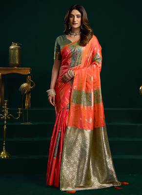 Orange soft banarasi silk blend zari weaving saree with blouse piece 1
