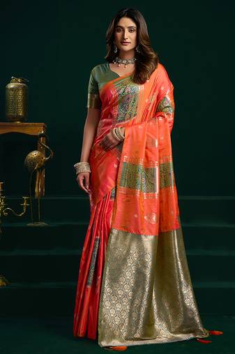 Orange soft banarasi silk blend zari weaving saree with blouse piece