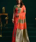Orange soft banarasi silk blend zari weaving saree with blouse piece