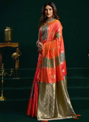 Orange soft banarasi silk blend zari weaving saree with blouse piece 2