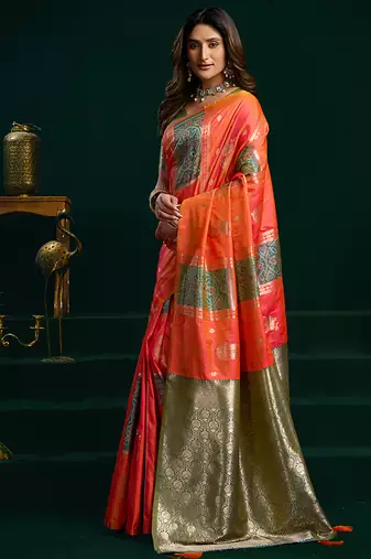 Orange soft banarasi silk blend zari weaving saree with blouse piece