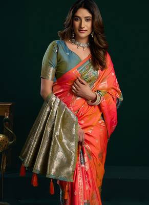Orange soft banarasi silk blend zari weaving saree with blouse piece 4