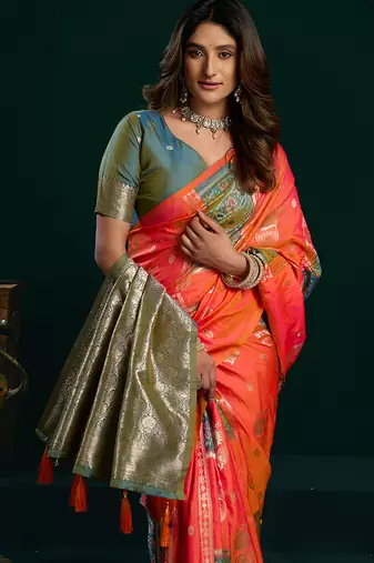 Orange soft banarasi silk blend zari weaving saree with blouse piece