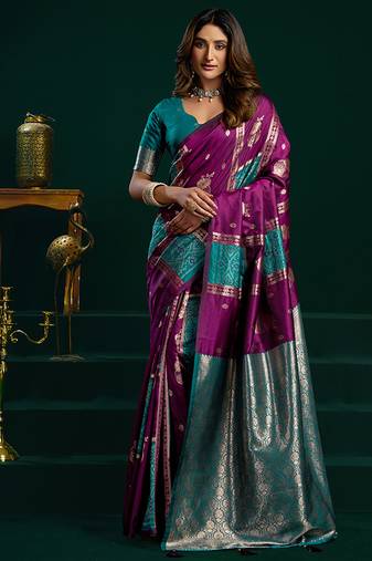 Purple soft banarasi silk blend zari weaving saree with blouse piece