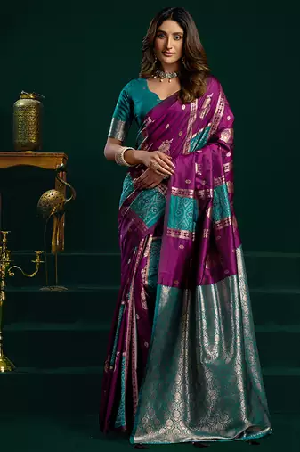 Purple soft banarasi silk blend zari weaving saree with blouse piece