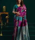 Purple soft banarasi silk blend zari weaving saree with blouse piece