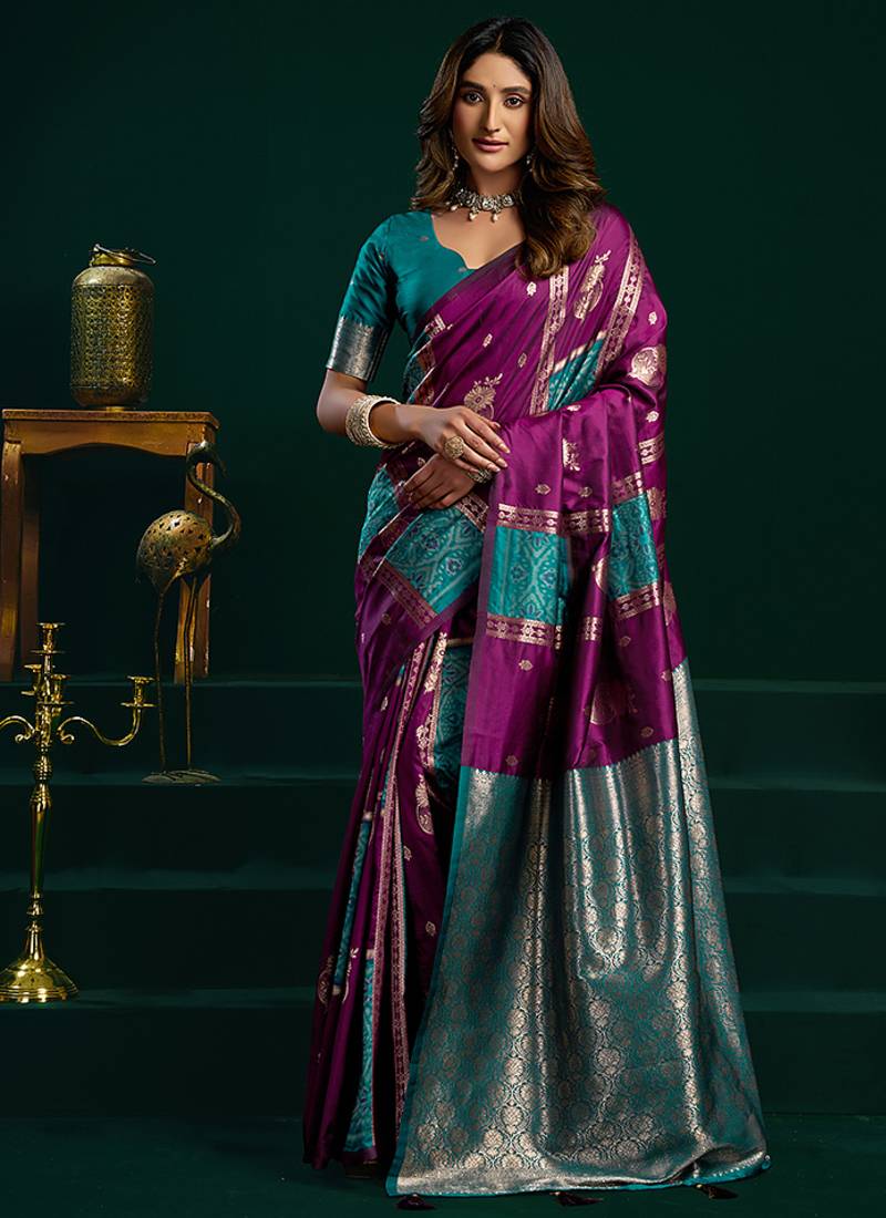 Purple soft banarasi silk blend zari weaving saree with blouse piece