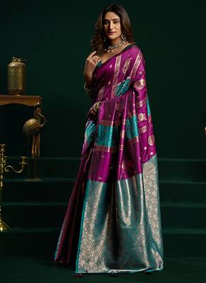 Purple soft banarasi silk blend zari weaving saree with blouse piece 2