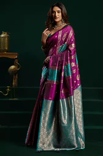 Purple soft banarasi silk blend zari weaving saree with blouse piece