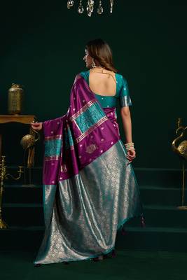Purple soft banarasi silk blend zari weaving saree with blouse piece 3