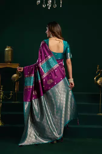 Purple soft banarasi silk blend zari weaving saree with blouse piece