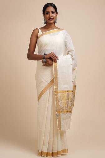 white cotton kasavu saree with woven zari design