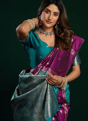 Purple soft banarasi silk blend zari weaving saree with blouse piece 4