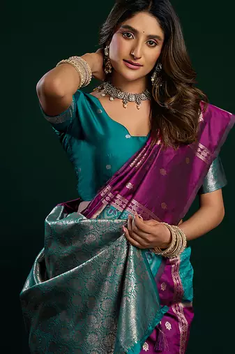 Purple soft banarasi silk blend zari weaving saree with blouse piece