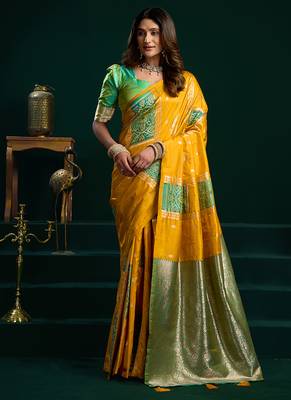 Mustard soft banarasi silk blend zari weaving saree with blouse piece 1