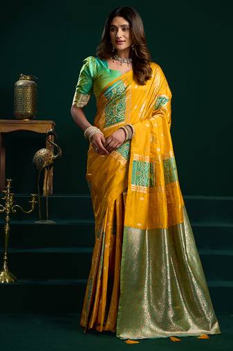 Mustard soft banarasi silk blend zari weaving saree with blouse piece