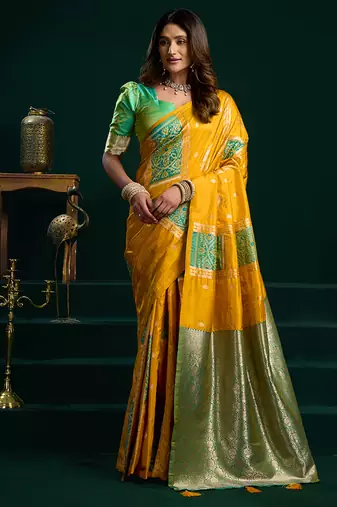 Mustard soft banarasi silk blend zari weaving saree with blouse piece