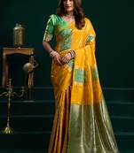 Mustard soft banarasi silk blend zari weaving saree with blouse piece