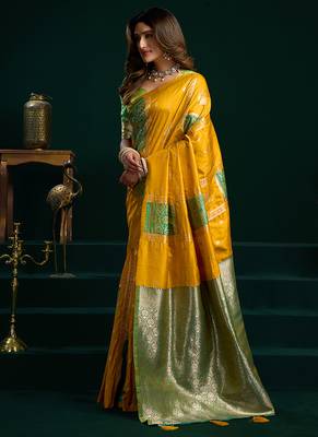 Mustard soft banarasi silk blend zari weaving saree with blouse piece 2