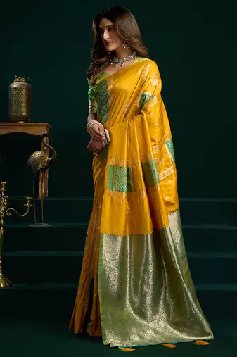 Mustard soft banarasi silk blend zari weaving saree with blouse piece