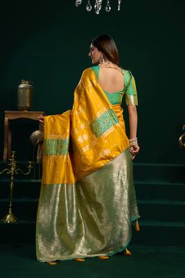 Mustard soft banarasi silk blend zari weaving saree with blouse piece 3