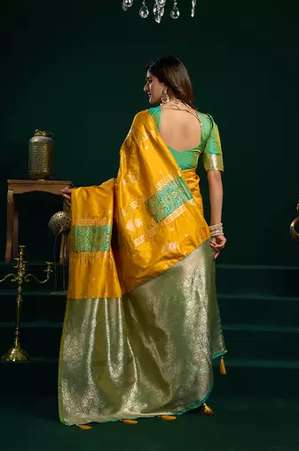Mustard soft banarasi silk blend zari weaving saree with blouse piece