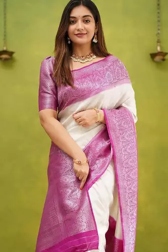 white purple banarasi saree with traditional woven zari work
