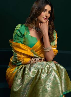 Mustard soft banarasi silk blend zari weaving saree with blouse piece 4