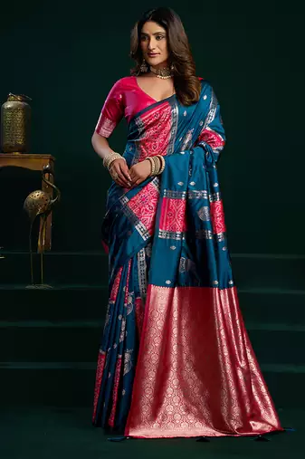 Teal soft banarasi silk blend zari weaving saree with blouse piece