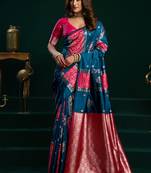 Teal soft banarasi silk blend zari weaving saree with blouse piece