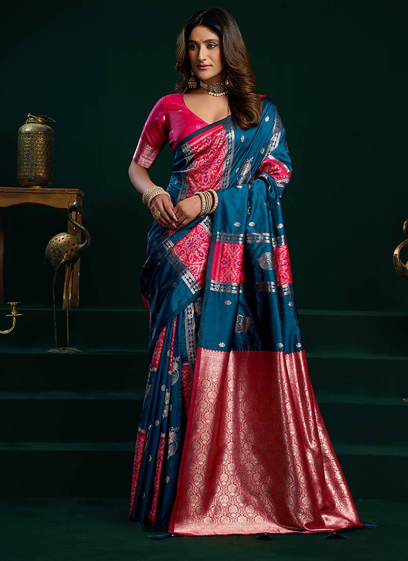 Teal soft banarasi silk blend zari weaving saree with blouse piece