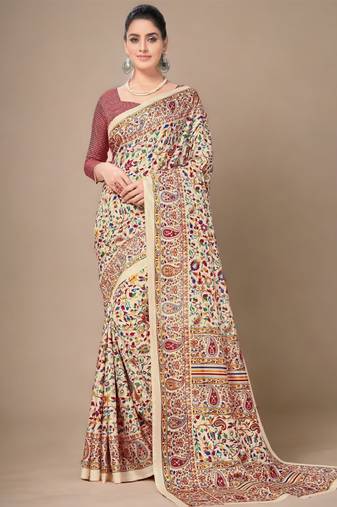 beige art silk floral saree